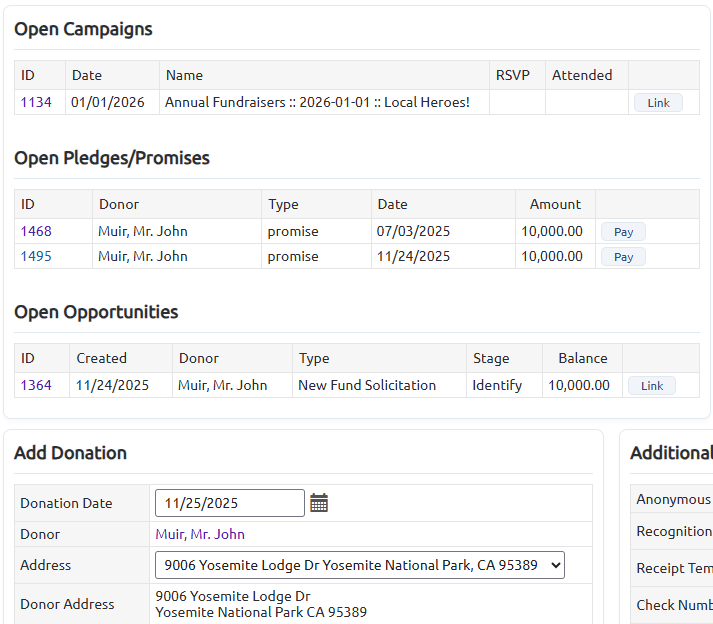 link options on donation create screen