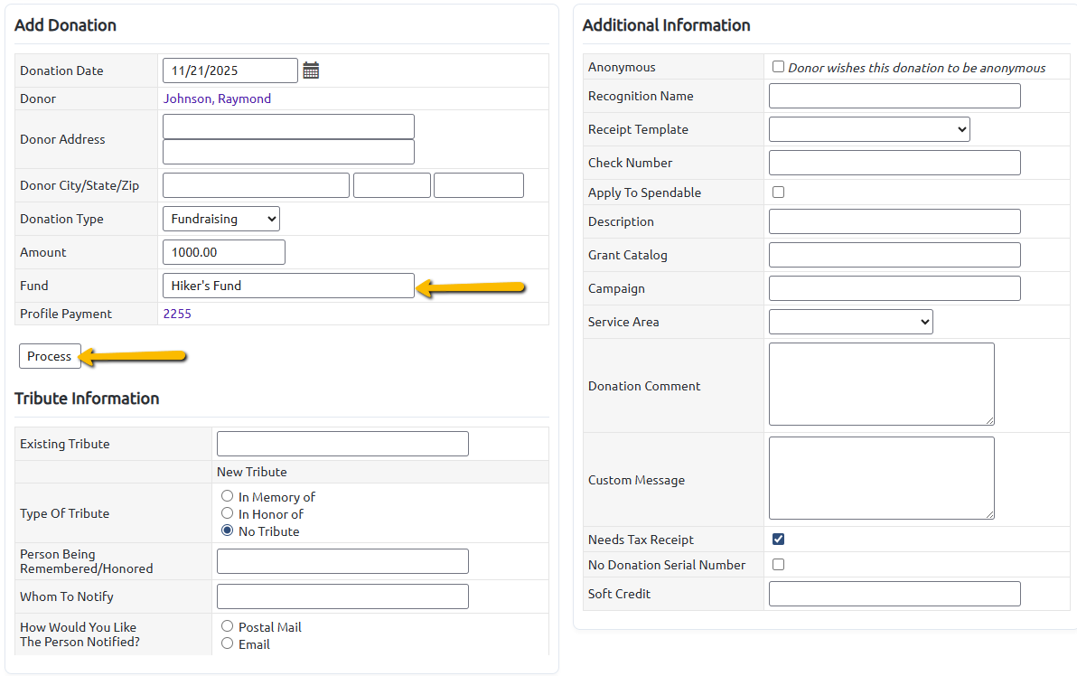 fund field and process button