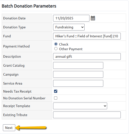 donation parameters screen with next button