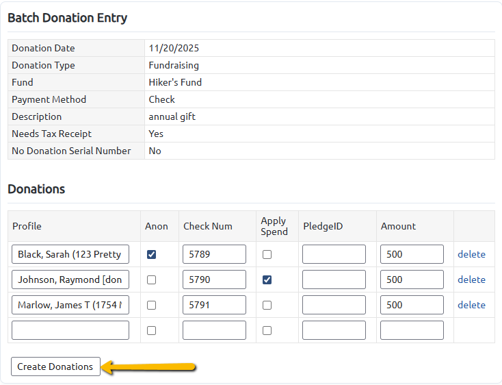 batch donation entry screen and create donations button