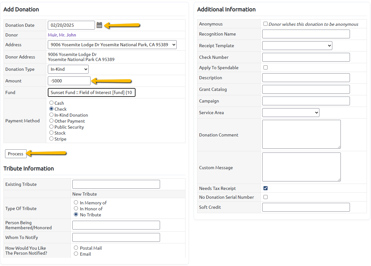 donation fields and process button