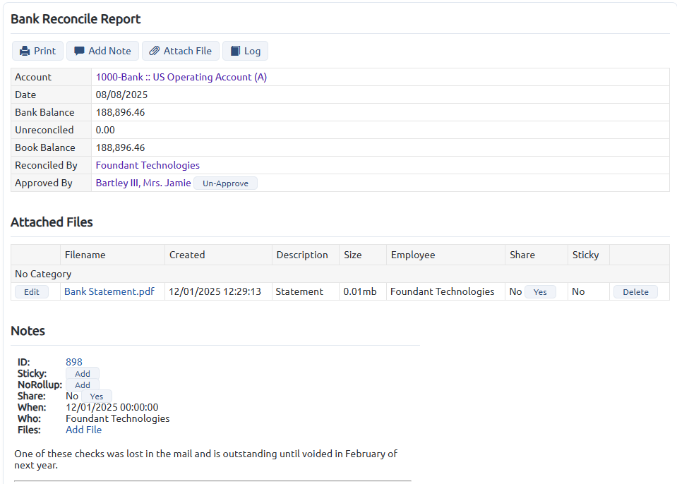 bank reconcile report with note and file attached