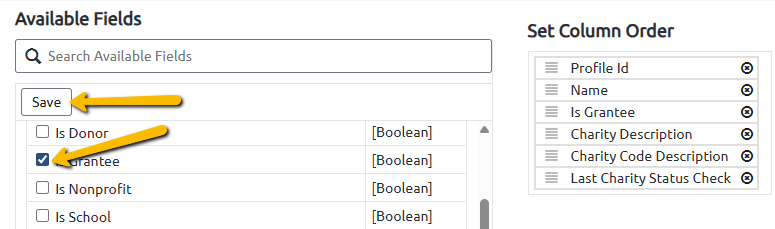 available fields and save button