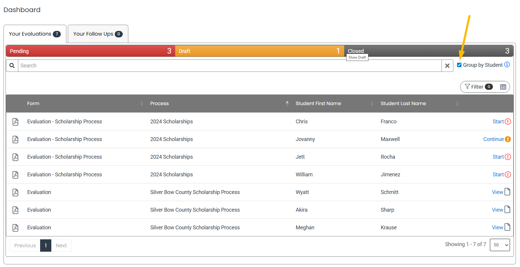 group by student checkbox