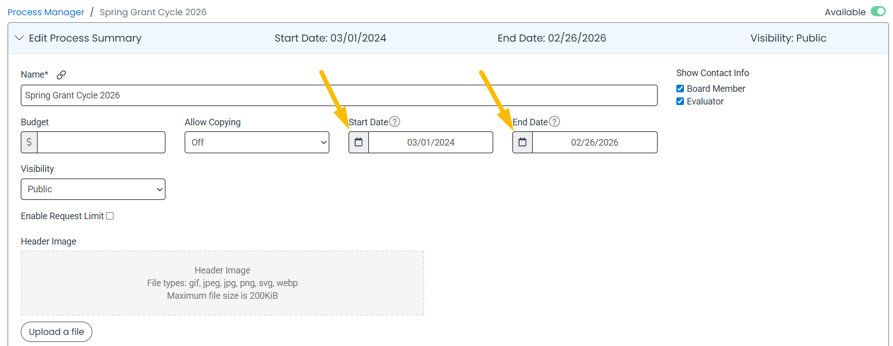 Start and End Date fields