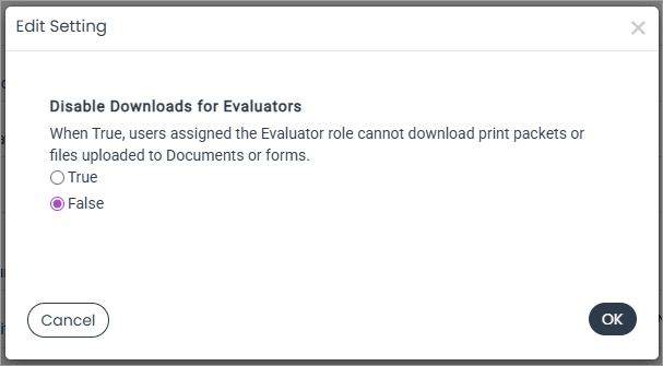 Disable file downloads for evaluators setting