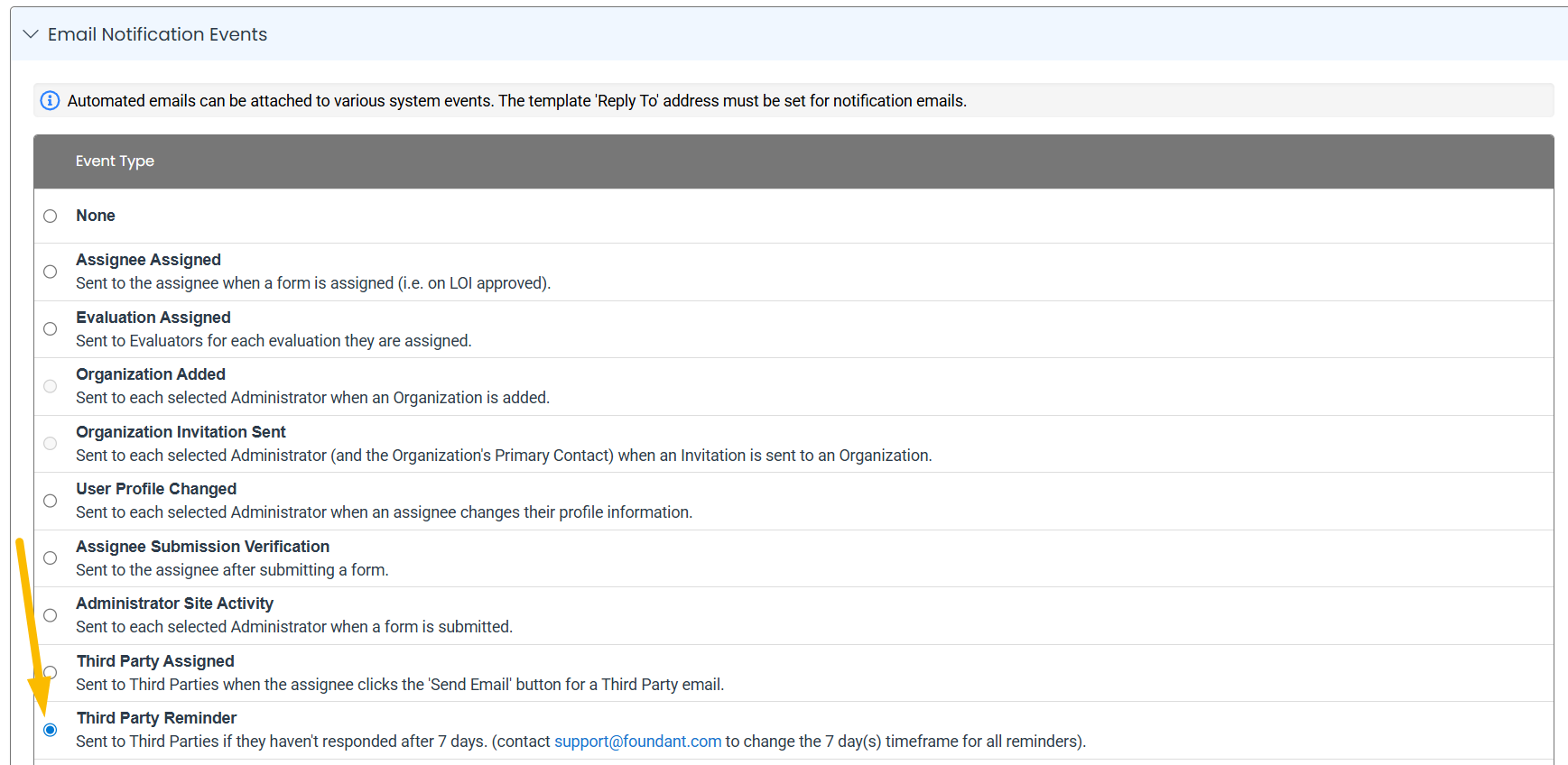 third party reminder radio button