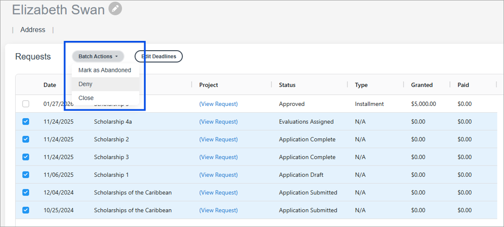 Batch Actions button on Requests page in User Summary page