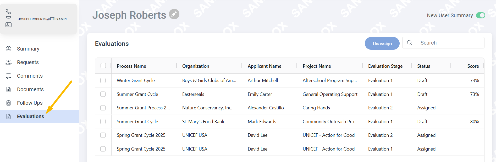 Evaluations page