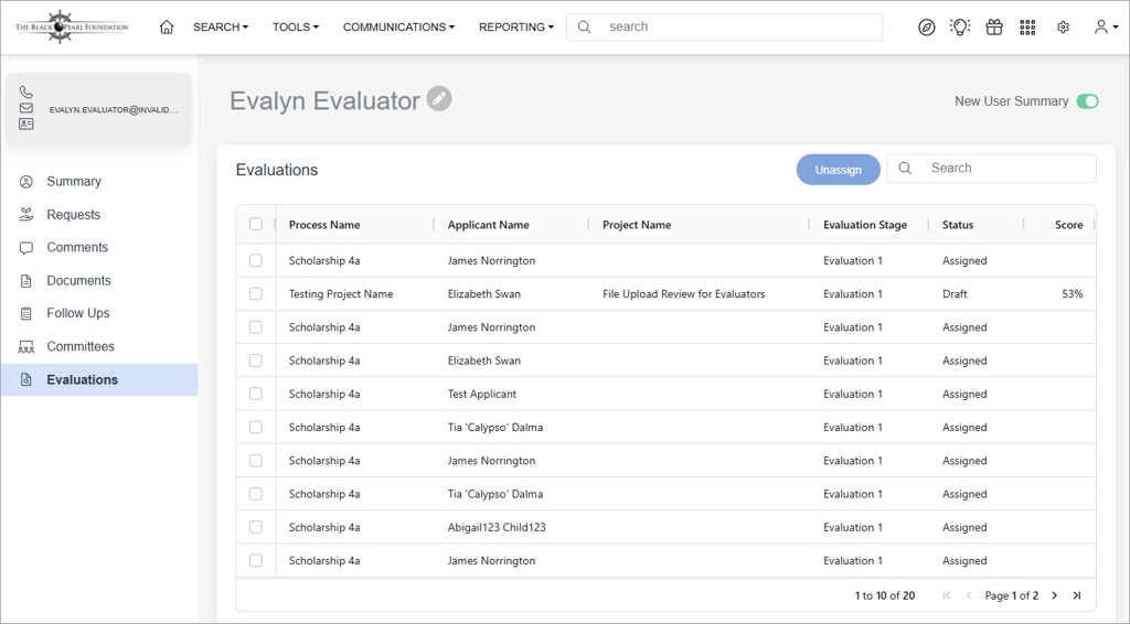 Evaluations page in User Summary page
