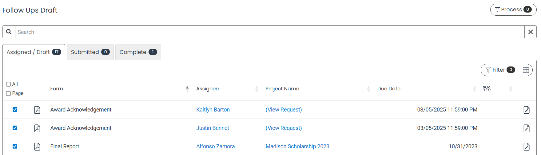 request checkbox