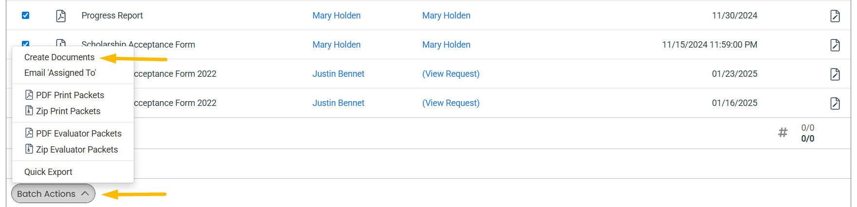 Create Documents batch action