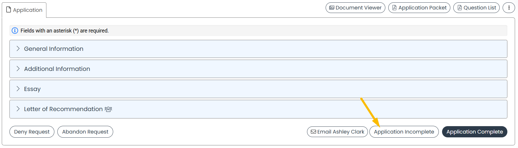 application incomplete button
