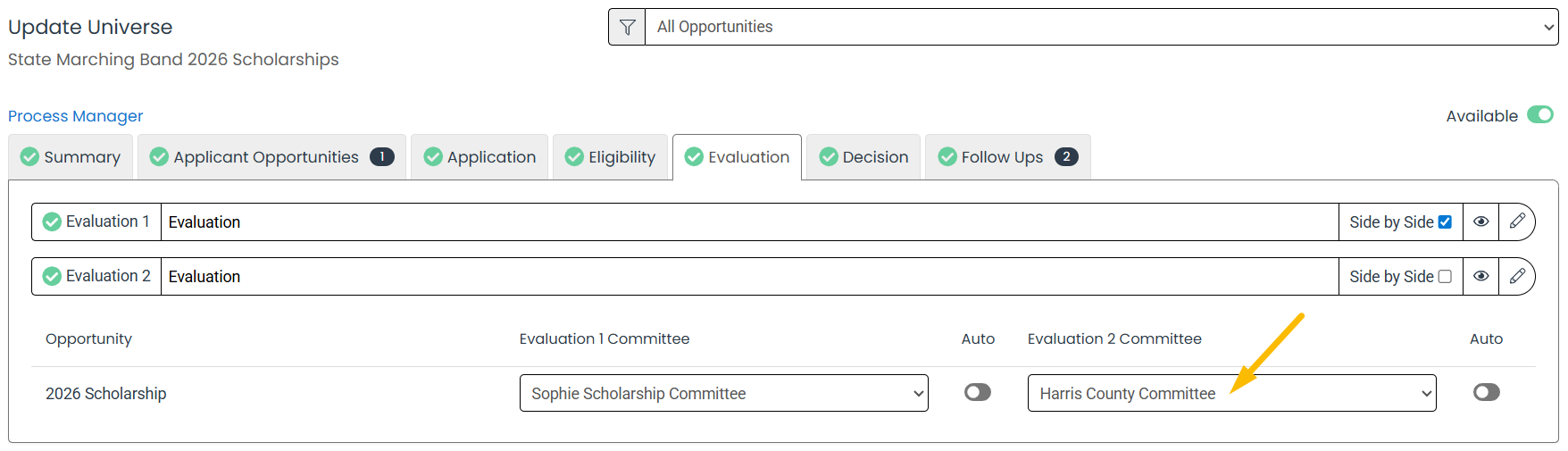 evaluation committee drop down