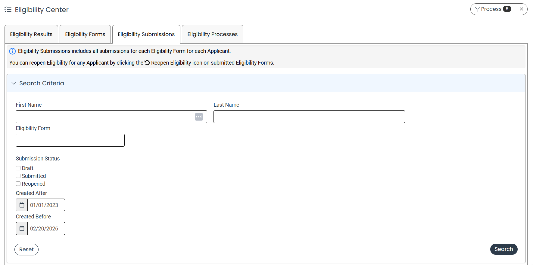 Eligibility Submission tab