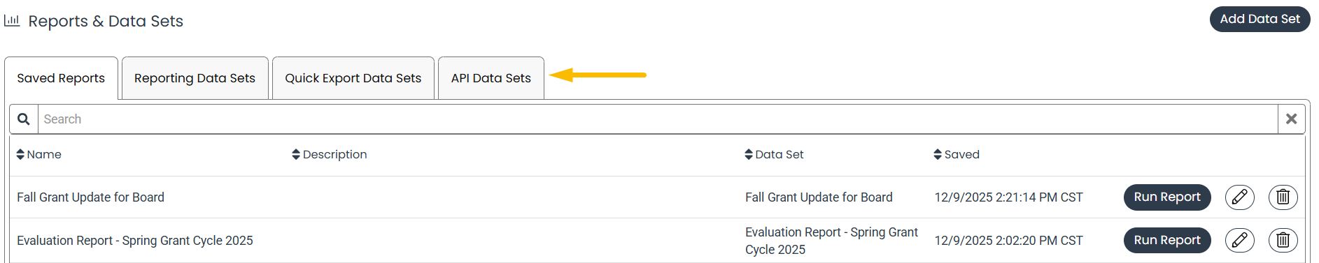 API data sets tab