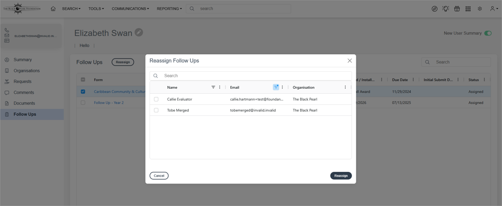 Reassign a follow up in user summary