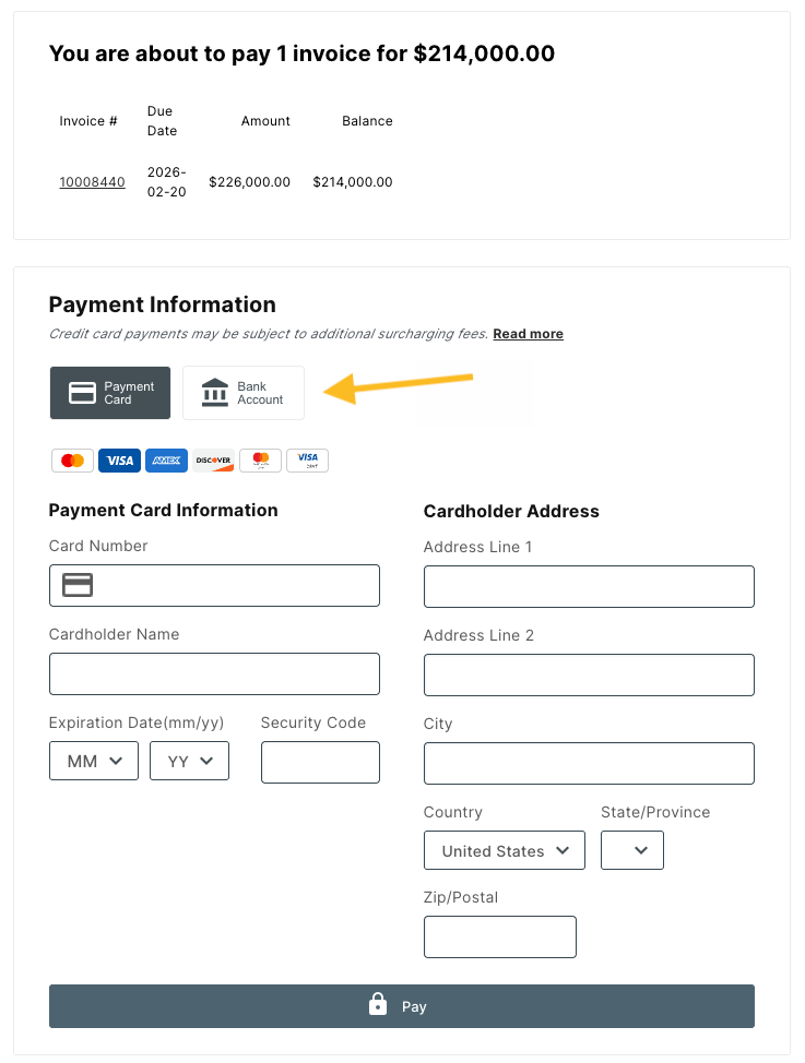 payment card and bank account buttons