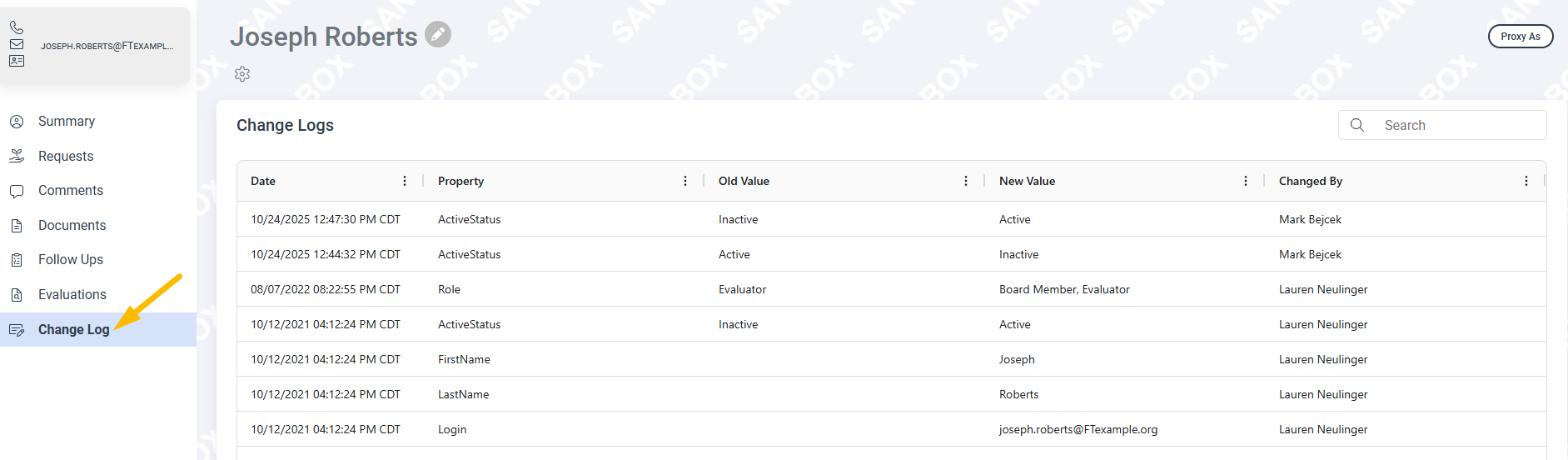 Change Log page