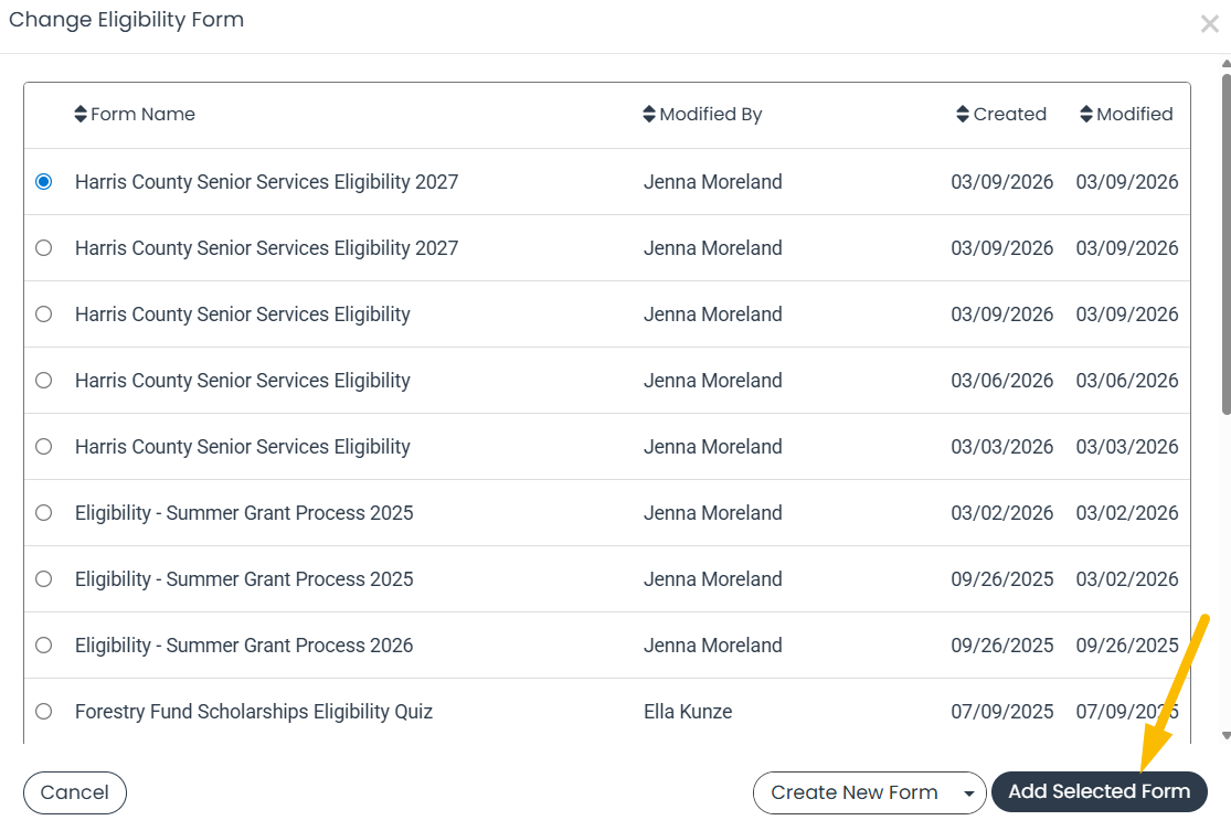 Add Selected Form button