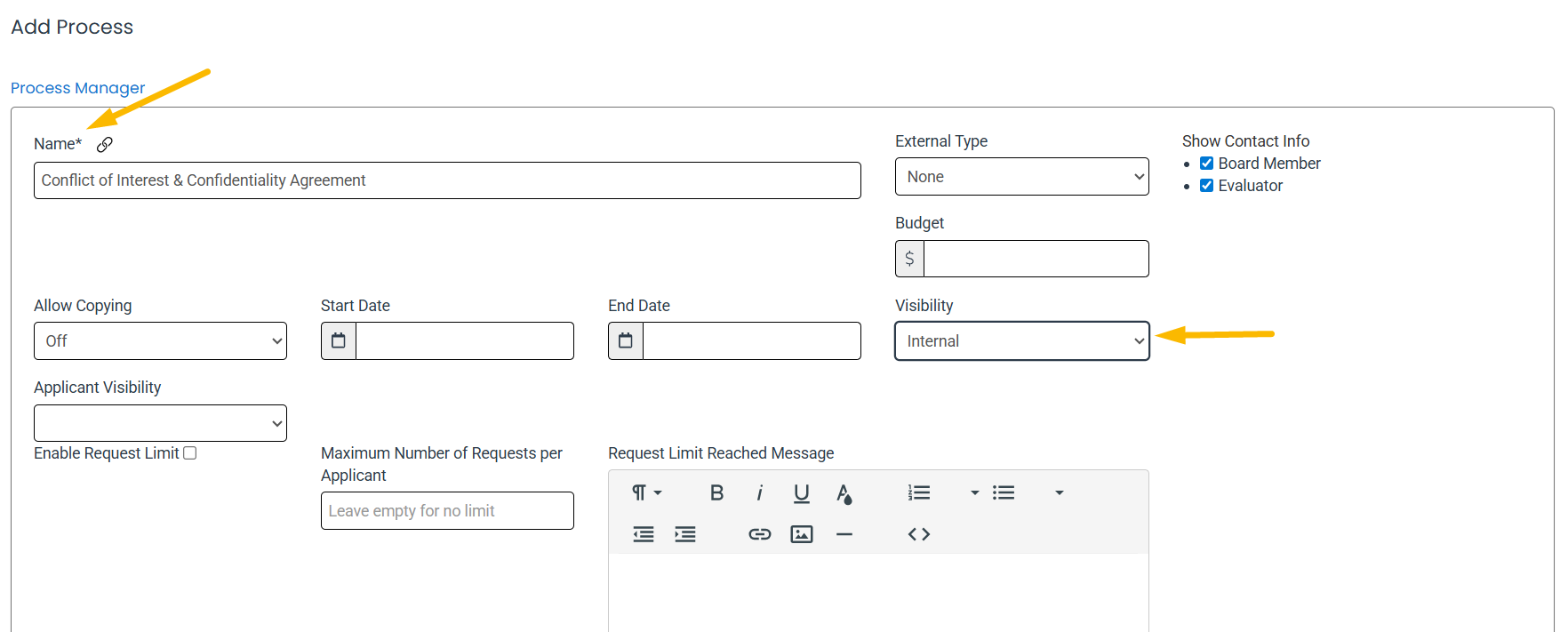 Process Name and Visibility Type