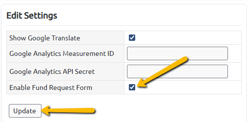 request form checkbox and update button