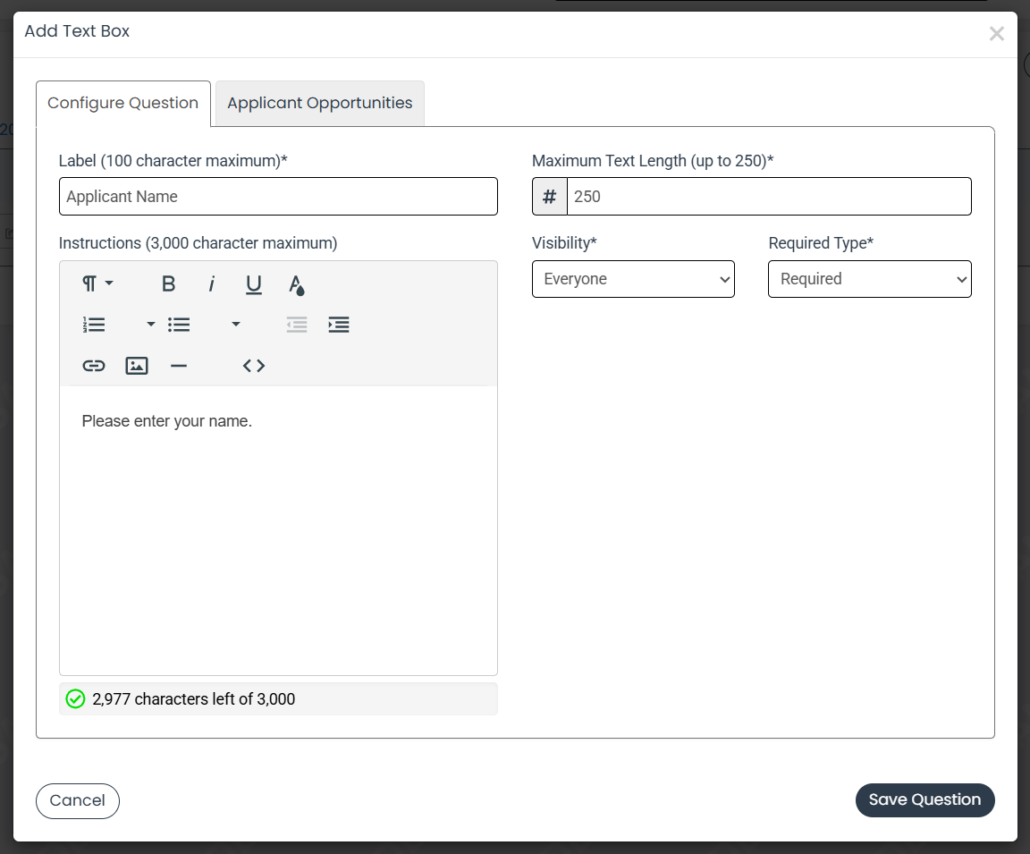 configure the question fields