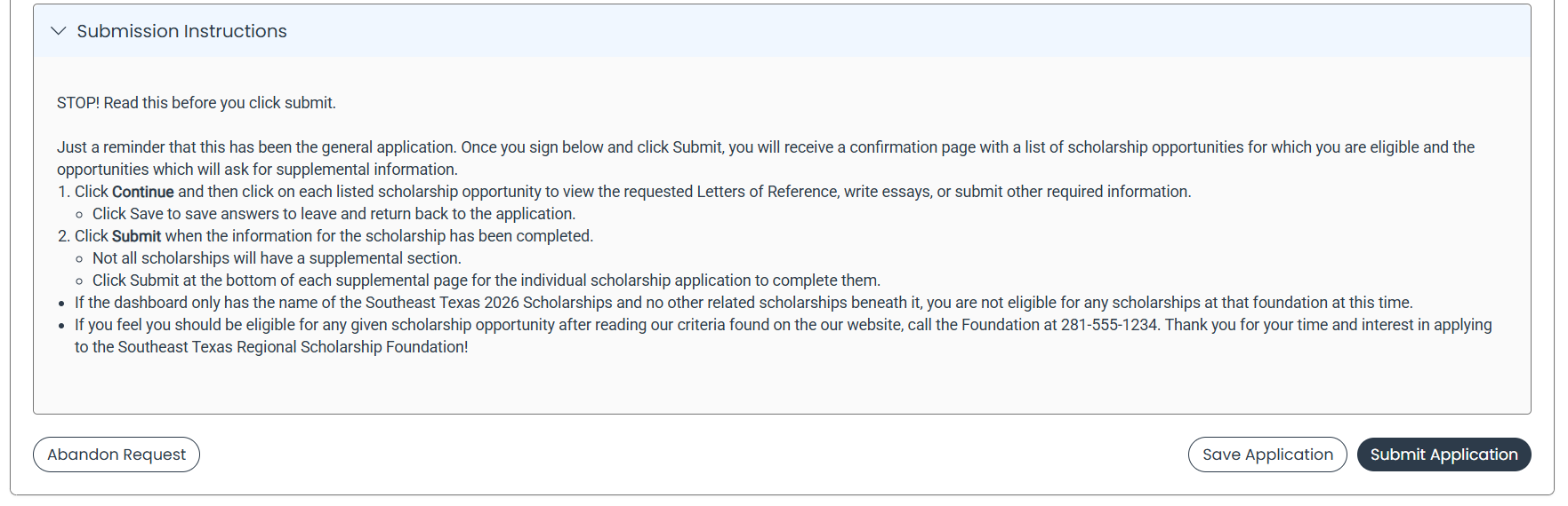 Applicant view of submission instructions