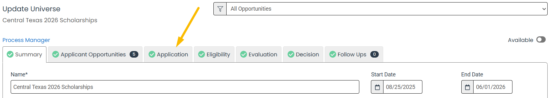 application tab
