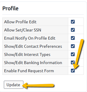 request form checkbox and update button
