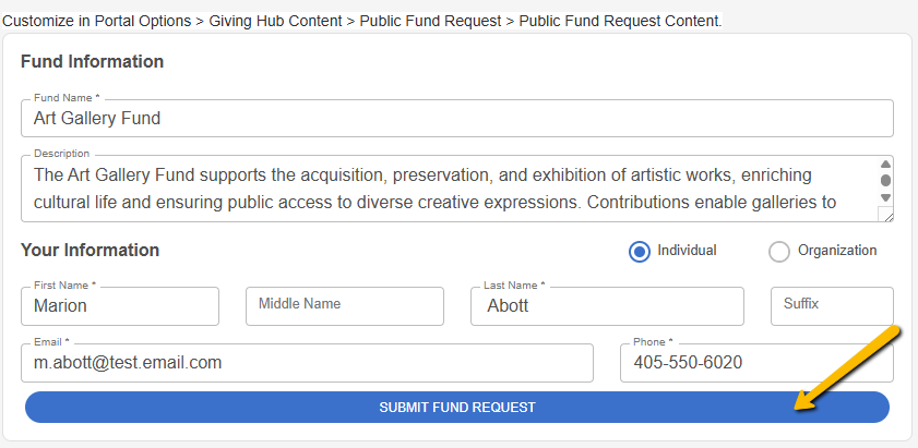 fund request form and submit button