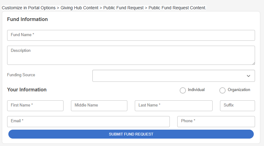 fund request form on the giving hub