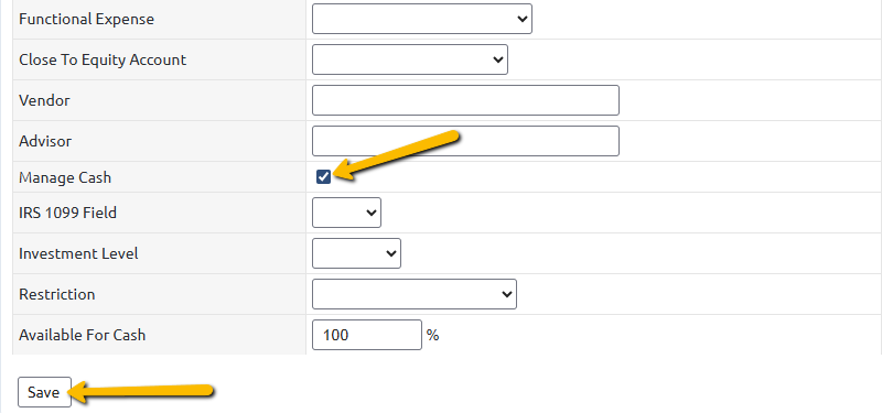 manage cash checkbox and save button