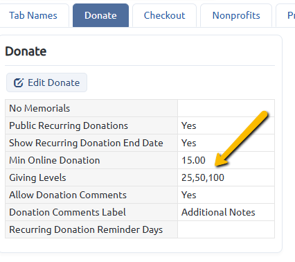 min online donation and giving level settings
