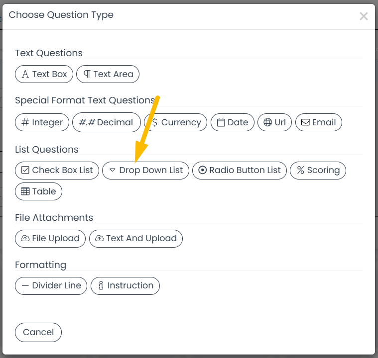 Question type selection