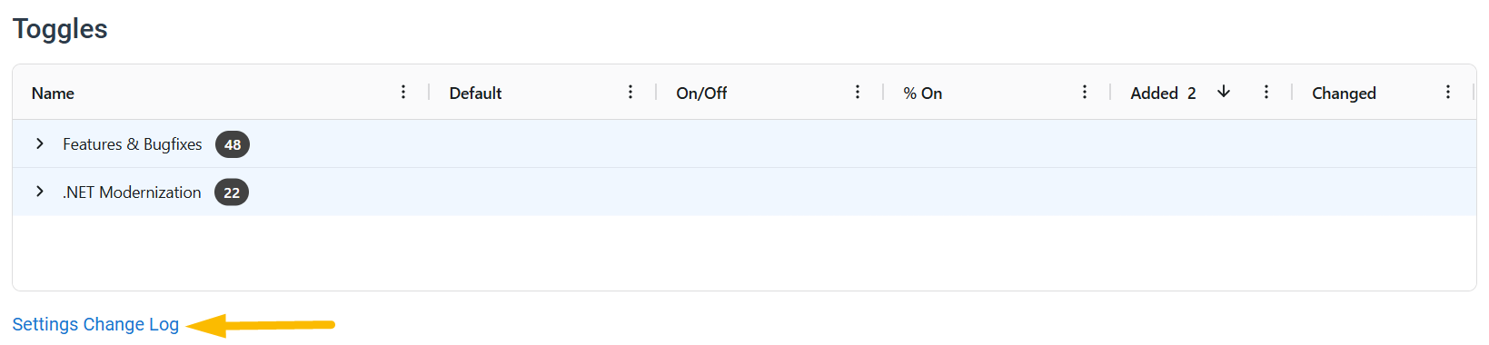 Settings change log