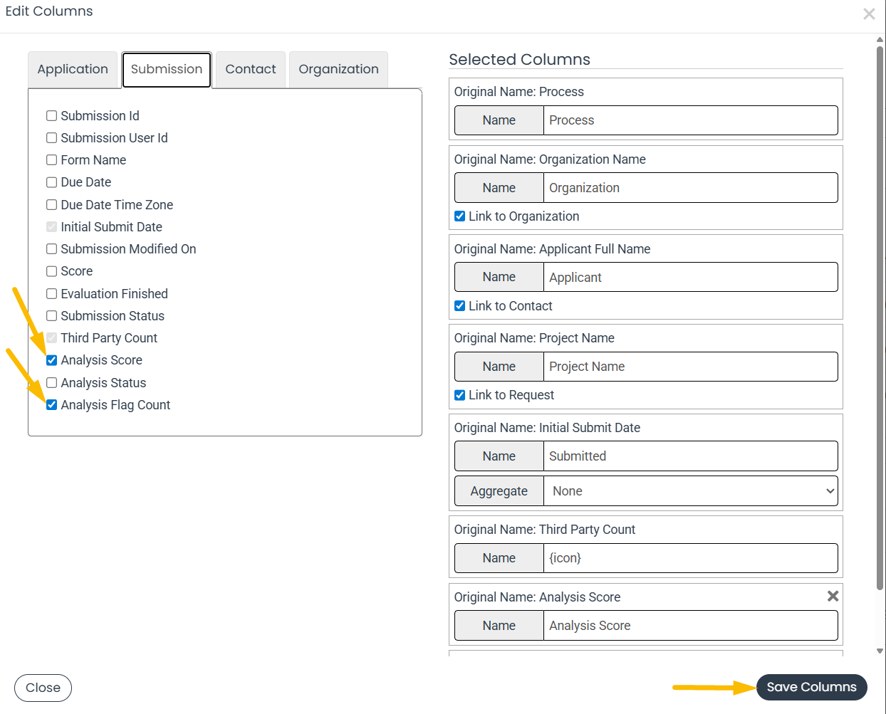 Save columns button