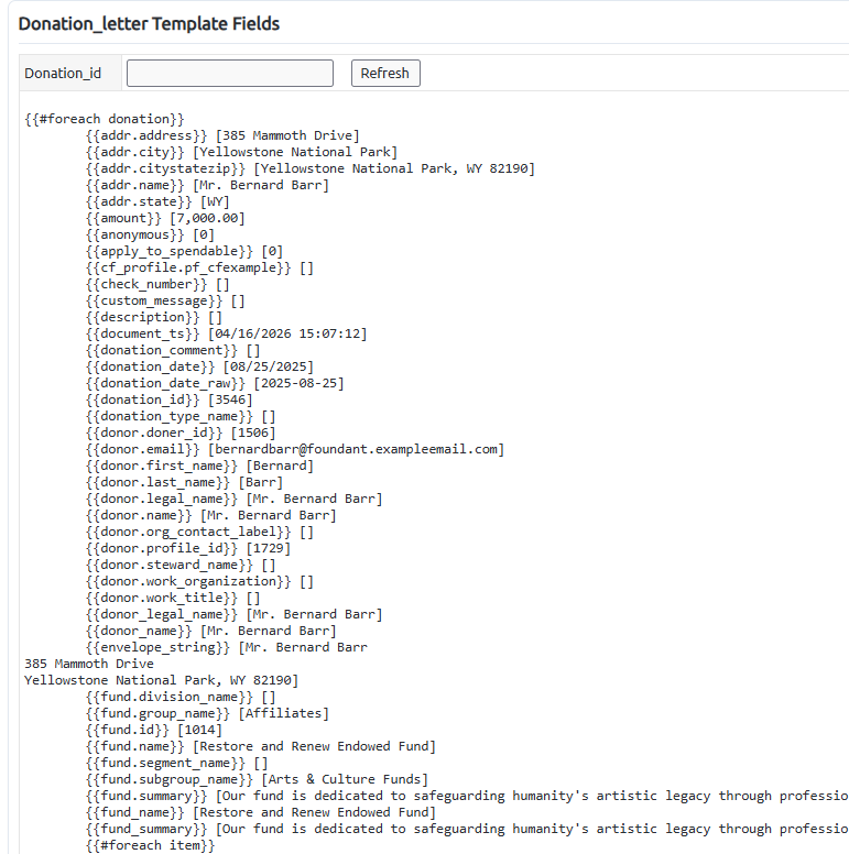 donation merge fields page