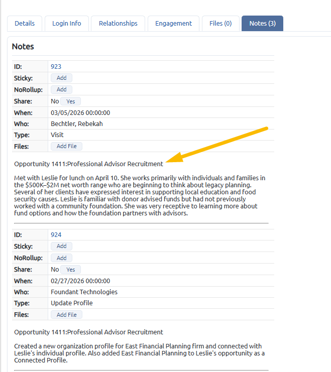 Professional advisor note rollup
