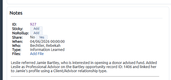 Professional advisor opportunity notes referral