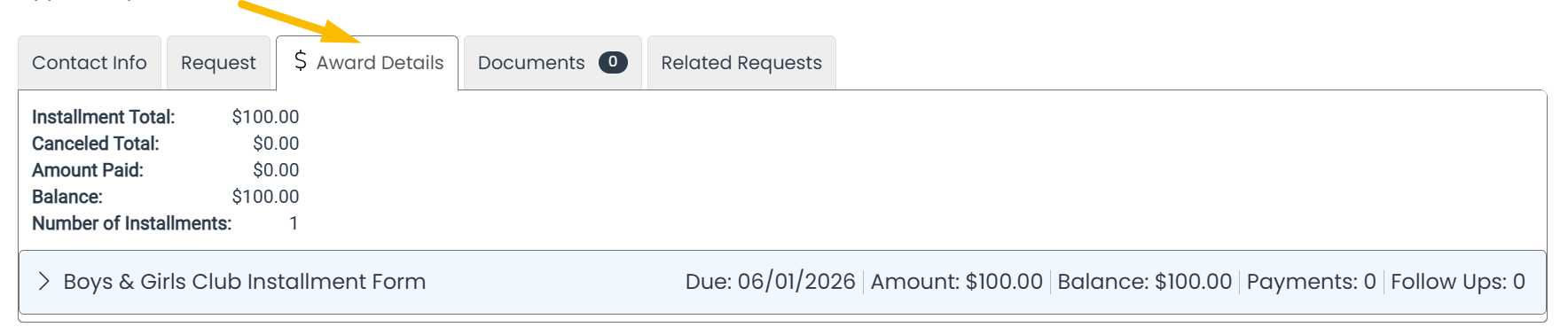 award details tab