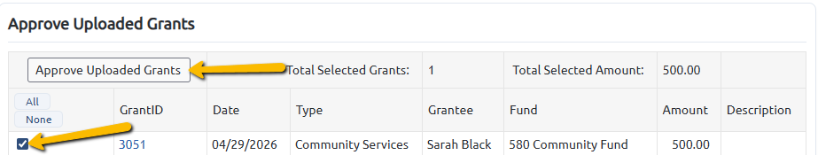 grant and approve uploaded grants button