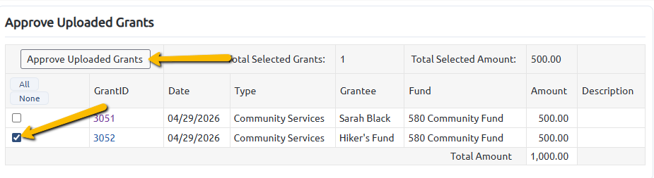grant and approve uploaded grants button