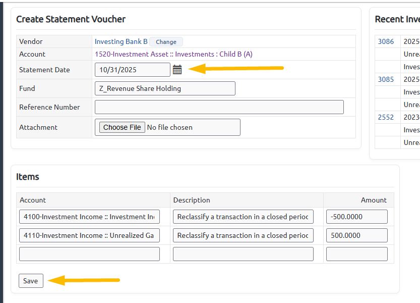 Statement voucher correcting entries