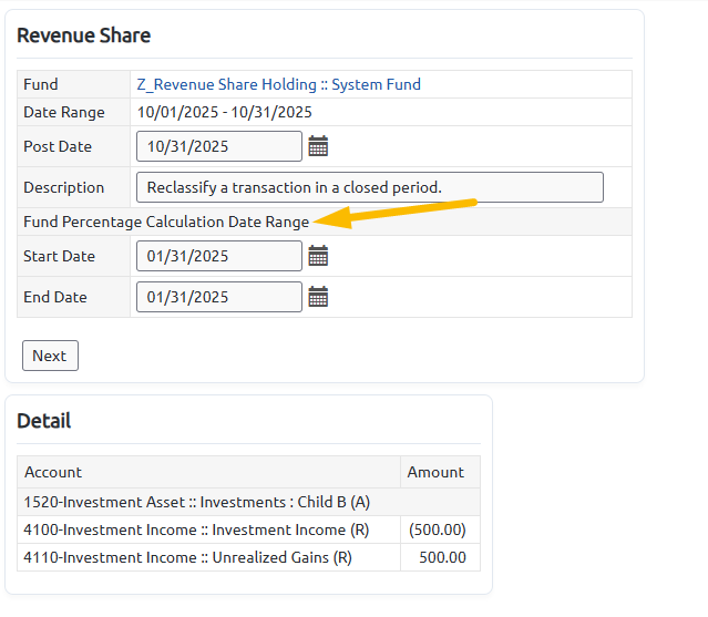 Fund percentage calculation date range