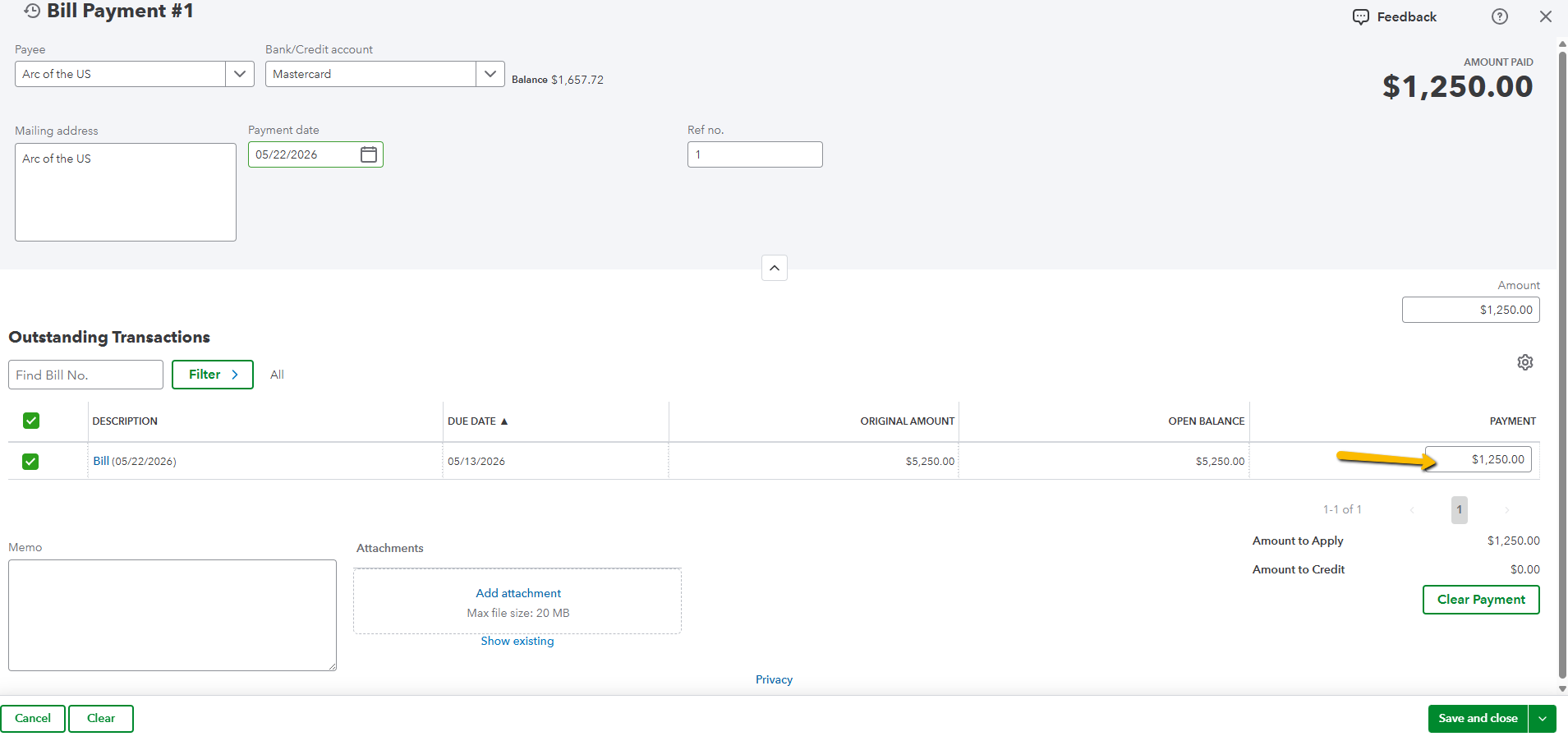 Paid field showing partial payment