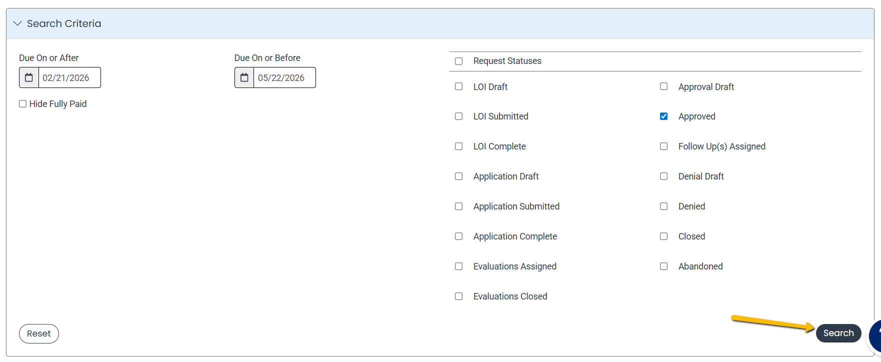Search Criteria fields