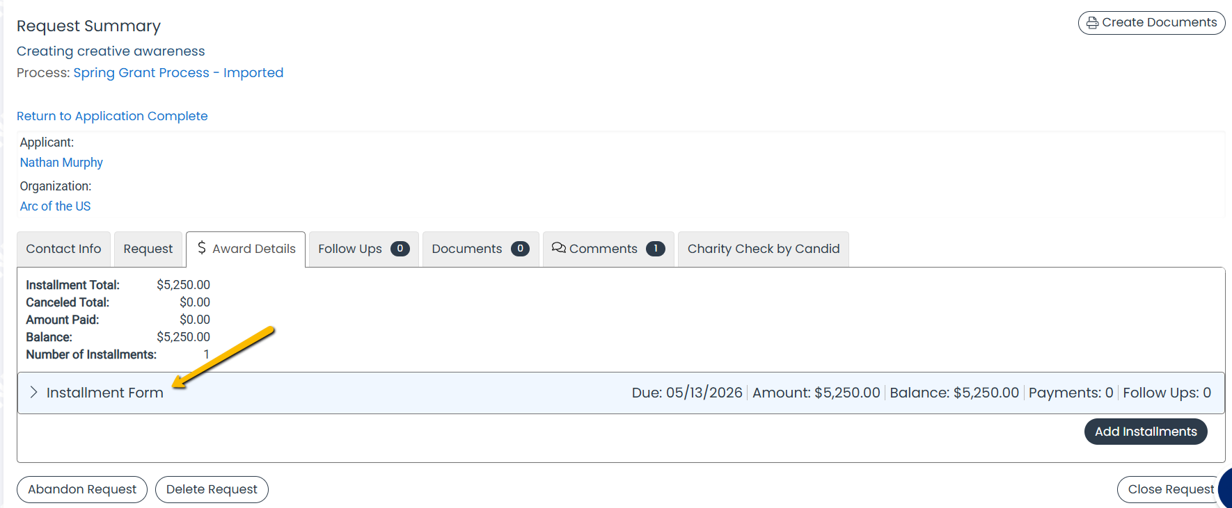 Installment Form drop-down menu