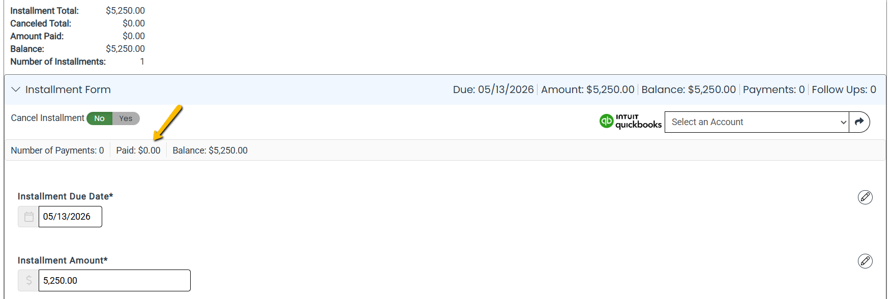 installment showing $0.00 paid amount