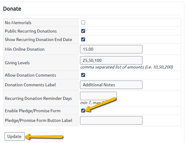 pledge/form box and update button
